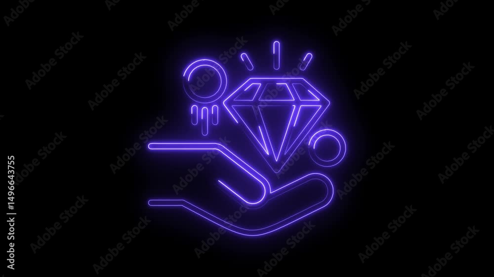 Neon style hand holding a diamond with coins on a black background animation