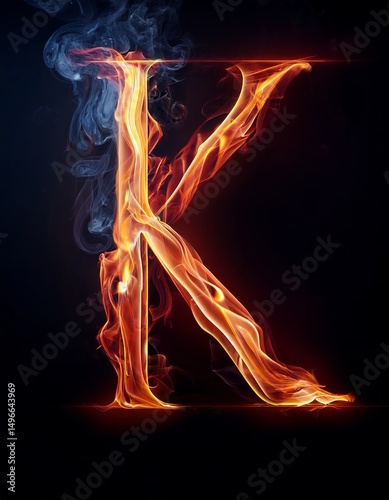 Flaming letter with vibrant flames creating an artistic depiction of the letter K against a dark background