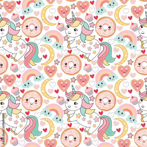 Kawaii Unicorn pattern with funny rainbow, desserts, cupcakes and donut