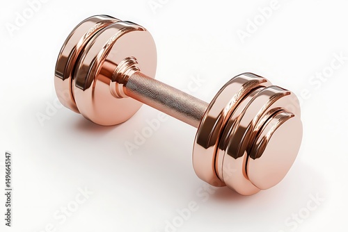 A rose gold dumbbell with three weights on each side on a white background in a studio setting