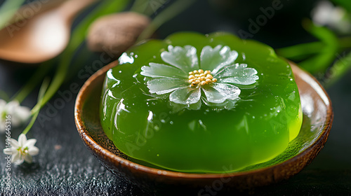 Beautifully crafted Thai dessert, this coconut jelly with pandan is shaped like flower, offering delightful and artistic presentation
