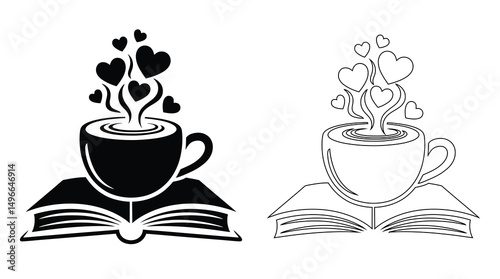 Vector illustration of a coffee cup with heart-shaped steam rising, placed on an open book, perfect for book lovers, cozy café themes, and literature-related designs.