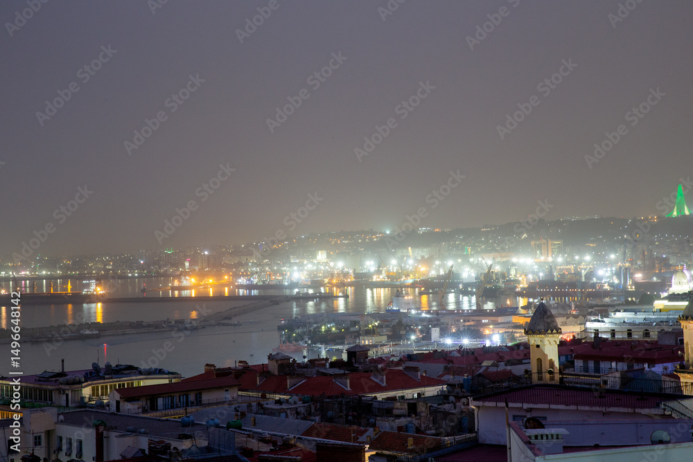 Obraz premium Night view from above of the city of Algiers and Great Mosque of Algiers. Republic of Algeria