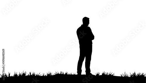 Man Seriously Thinking With Folded Hands Standing On Grass Background