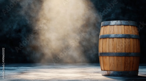 Moody Perspective Shot of Wooden Barrel with Light Filtering Through in Dark Atmosphere