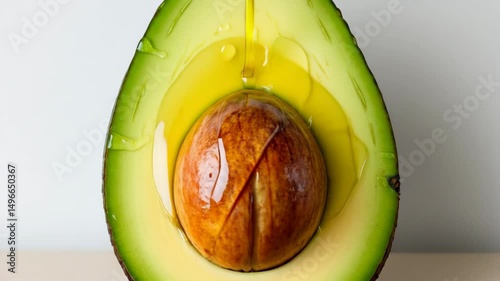 Oil being poured on a vibrant and green avocado cut in half revealing its seed isolated on a well lit white background
