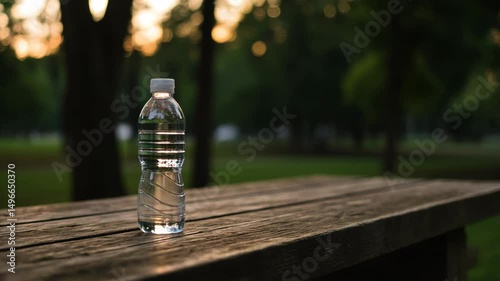 Bottle of water sitting on a wooden table with a lush green forest at sunset landscape background