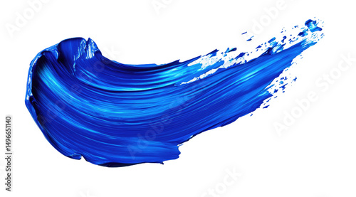 An abstract image of a vibrant blue paint stroke, dynamically curved and textured, set against a stark black background.  