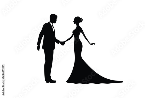 Silhouette of elegant bride and groom holding hands, bride wearing long flowing gown, groom in formal suit, romantic pose on white background, symbolizing wedding or love.