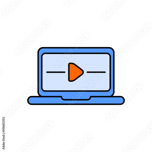 Vector icon of a laptop with a video sharing app interface, colored in blue and orange. Ideal for digital media, online streaming, and video content concepts.