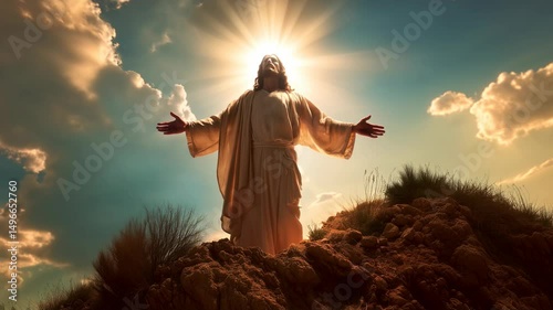 A sun lit silhouette of Jesus Christ with a shining sun halo amongst a mountain landscape background, beautiful blue sky 