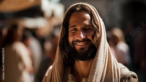 Jesus after resurrection standing in the busy city street background landscape of Emmaus on a bright sunny day