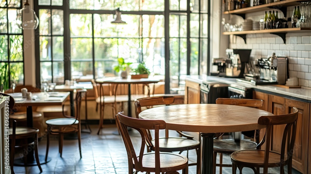 Fototapeta premium Bright kitchen with empty wooden table and four chairs
