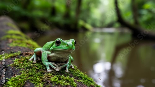 Green tree frog sitting on a log with a green beautiful jungle forest landscape background and river stream on bright sunny day