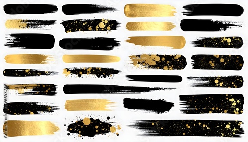 High-resolution ink stroke brushes and splatter textures isolated on transparent background, in black and gold palette — ready for Photoshop or Procreate use