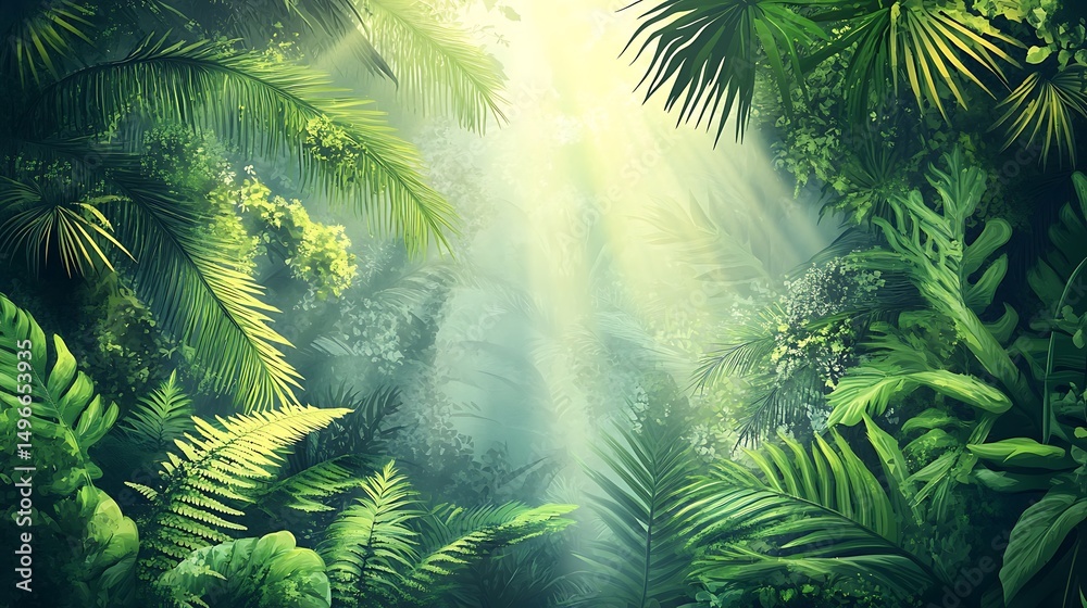 Naklejka premium Lush tropical jungle scene with sunlight filtering through the foliage.