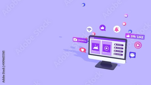 Social Media Marketing, Management, Strategy Concepts Animation With Copy Space For Text. Animated Computer Monitor With Social Media Icons, Representing Online Engagement And Global Content Sharing.