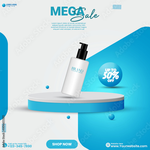 Social media cosmetics product sale advertisement poster design. Beauty product sale social media post design vector with blue color. 3D minimalistic empty studio backdrop background design template.