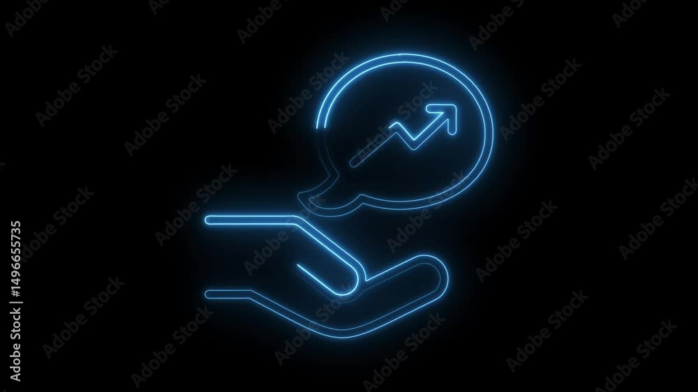 Neon hand holding business growth arrow in speech bubble on black background Neon hand holding business growth arrow in speech bubble on black background