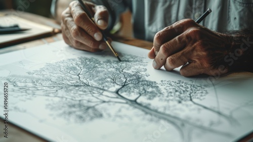 Machine Learning: Hands draw decision trees and algorithms branching like neurons, symbolizing the intricate data structures that power machine learning models.
