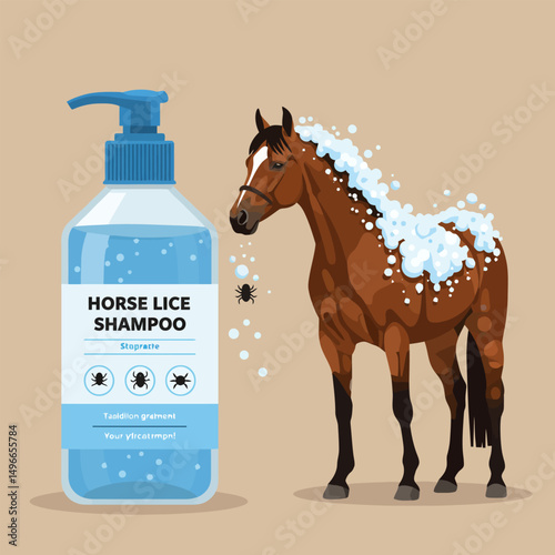 Applying Shampoo to Brown Horse Illustration for Lice Treatment