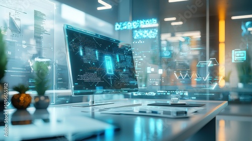 Wallpaper Mural Futuristic Tech Workspace: Digital Interface and Modern Office Design Torontodigital.ca