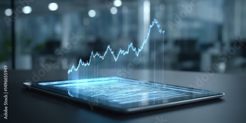 Tablet PC with digital blue finance growth chart on screen