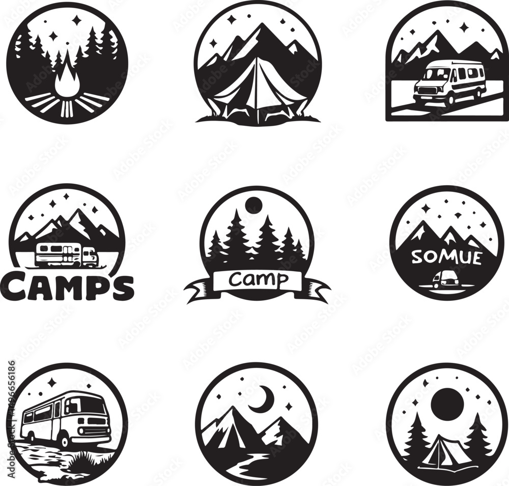 Naklejka premium Tent Under the Stars Silhouette SceneFamily Camping Trip Vector DesignCampfire Night in the Woods SilhouetteMountain View Camping Adventure ArtBackpackers Resting by the Tent Silhouette