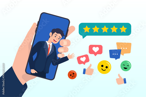 Man on mobile giving experience rating, customer experience, CX or UX user experience, feedback or comment, opinion on product and service, user satisfaction positive or negative feedback concept