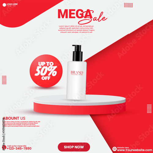 Beauty product sale social media post design vector with red color. 3D minimalistic empty studio backdrop background design template. Social media cosmetics product sale advertisement poster design. 