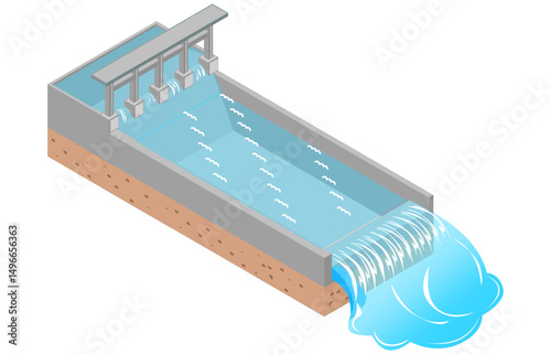 isometric illustration of waterfall dam, vector illustration