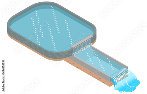 isometric illustration of waterfall dam, vector illustration