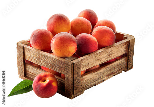 A wooden crate filled with ripe peaches, a symbol of freshness, and seasonal harvest
