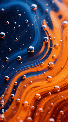 Abstract Macro of Intertwined Blue and Orange Liquids with Bubbles