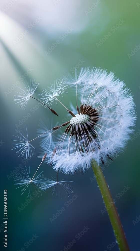 Fototapeta premium Closeup of a dandelion seed head with seeds dispersing in soft light