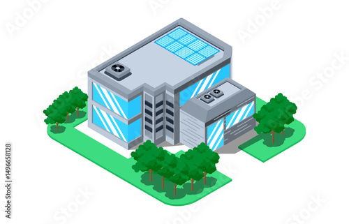 isometric house with beautiful yard. vector illustration