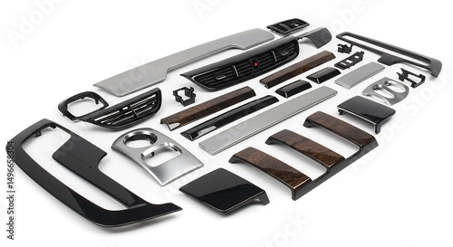 Sleek wood grain car interior trim pieces neatly arranged showcase elegant design. AI Generated