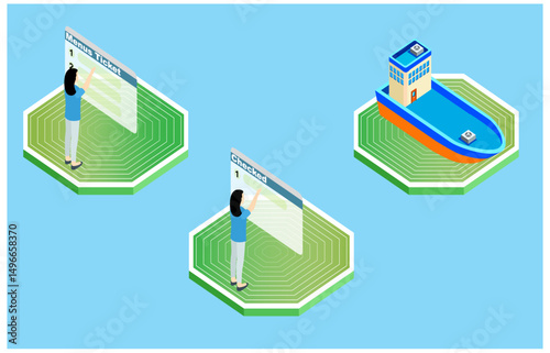 isometric illustration procedure of buying tickets online, vector illustration