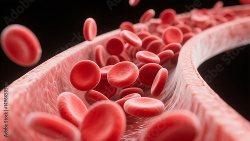 The flow of blood cells within blood vessels represents the display of normal blood circulation and hints at the concept of vascular health.