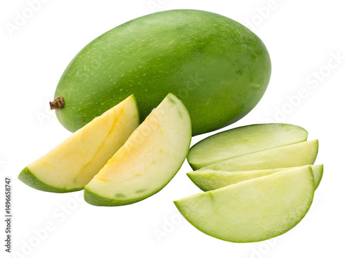 Fresh Green Mango with Slices Isolated on transparent background cutout, PNG file, Cutout file photo