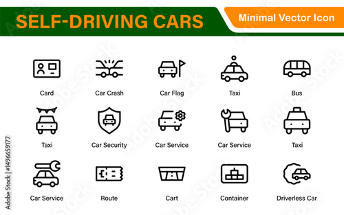 Autonomous Vehicles Self-Driving Car Icons – Minimal Line Vector Illustrations for Smart Transportation, Electric Cars, Future Mobility.