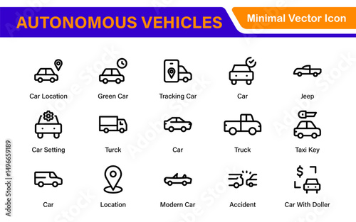 Autonomous Vehicles Self-Driving Car Icons – Minimal Line Vector Illustrations for Smart Transportation, Electric Cars, Future Mobility.