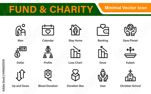 A Complete Icon Set for Charity Organizations, Fundraising Events, Nonprofit Campaigns, Donation Drives, Volunteer Programs, Social Justice, and Community Support Activities