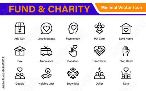 A Complete Icon Set for Charity Organizations, Fundraising Events, Nonprofit Campaigns, Donation Drives, Volunteer Programs, Social Justice, and Community Support Activities
