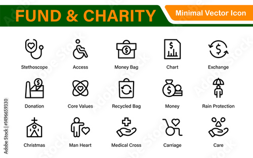 A Complete Icon Set for Charity Organizations, Fundraising Events, Nonprofit Campaigns, Donation Drives, Volunteer Programs, Social Justice, and Community Support Activities