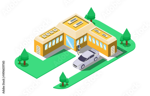 isometric house with beautiful yard. vector illustration