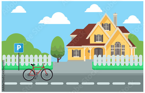 flat illustration design house along the road, vector illustration