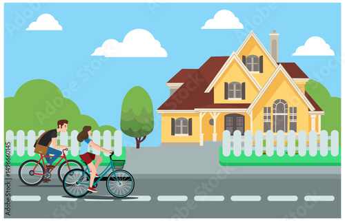 flat illustration design house along the road, vector illustration