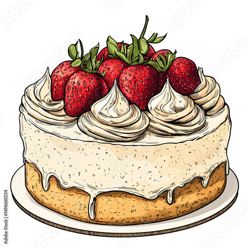 A delightful strawberry cake with creamy frosting and fresh strawberries on a white plate isolated