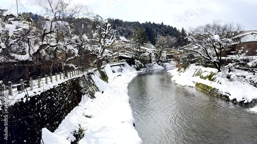  View of Takayama village and miyagawa river at winter in Gifu, Japan